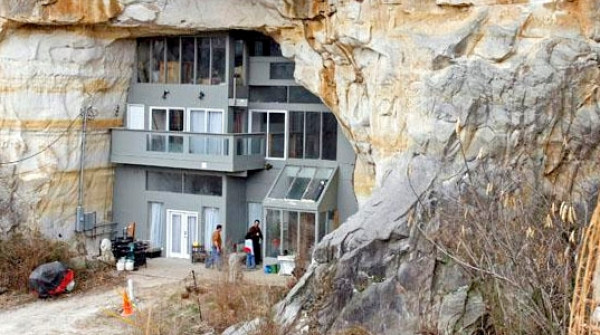 A modern building built inside a cave